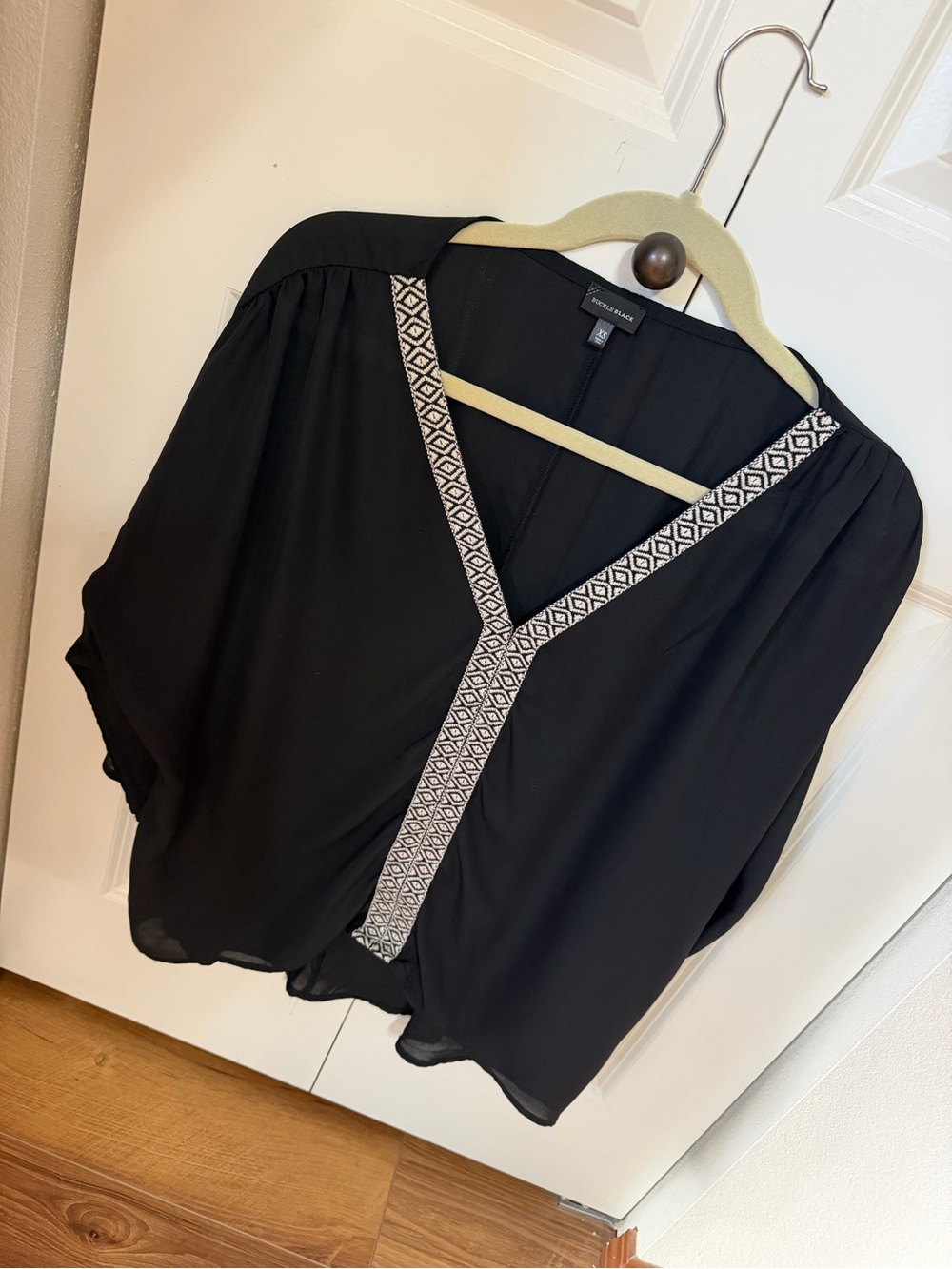 Buckle Black Blouse with White Geometric Trim